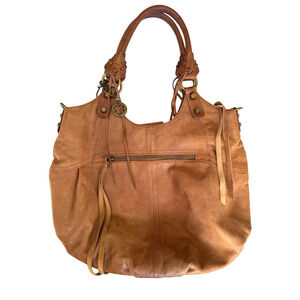 Lucky Brand Large Brown Leather Hobo Bag Purse Braided Handle Tassel Charm Boho